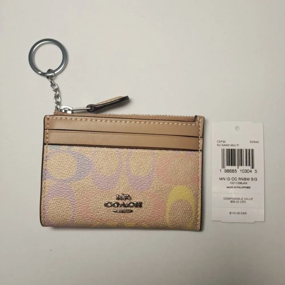 NWT CDF92 Coach Mini Skinny Id Case In Rainbow Signature Canvas Silver Sand